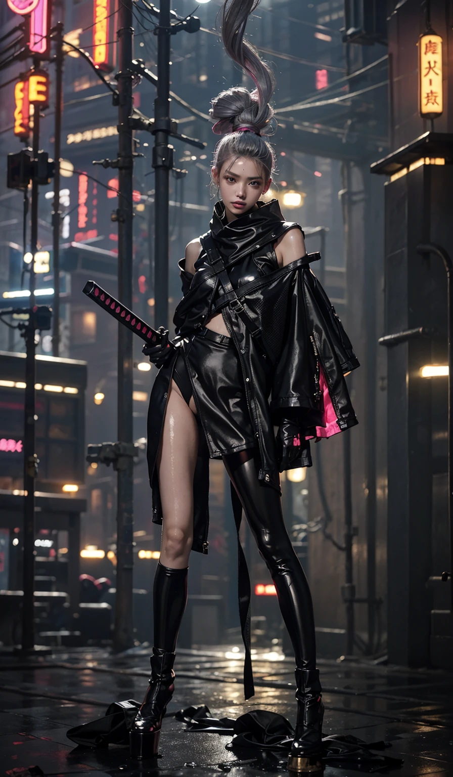 highest quality、surreal、perfect anatomy、Wet and shiny white skin、model body shape、Sweat dripping all over the body、Super small face、Ahegao、Cyberpunk City、Black urban techwear、Pink, silver and golden hair、Black micro bikini、Neon lights、tattoo、Japanese sword、