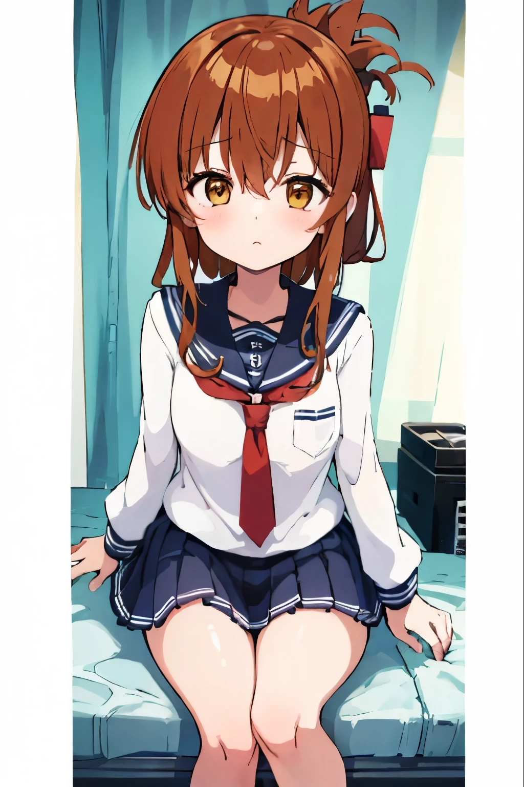 An unwell high school girl wearing a miniskirt sailor suit in the health room(masterpiece, best quality:1.2),illustration,8k,hd,1girl,solo,upper body,(portrait:1.2),brown_hair,folded_ponytail,brown_eyes,serafuku,long_hair,school_uniform,skirt,pleated_skirt,