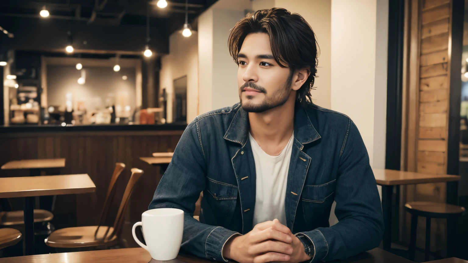 musician、Breezy, Handsome man in his 40s、(Super cool S-class guy)、Japanese Male, 40 years old、、Photo taken in a cafe、a handsome guy、(CG Unity 8K high resolution photo)、(Very detailedSA handsome guy in class)、(Realistic)、(highest quality))、Very detailed、super high quality、expensive、audience、kind person、Very beautiful hair Perm Hair、Bright photo、Handsome like a model、Handsome like an idol、Looking at the camera、inside a stylish cafe、Stubble