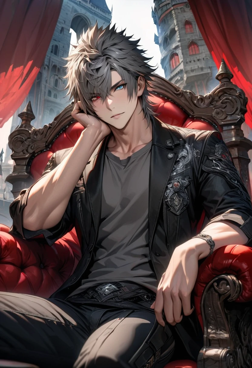 absurdres, highres, ultra detailed, HDR, masterpiece, extremely detailed face and eyes, extremely detailed features, Riku, gray spiky hair, heterochromia, left eye red, right eye blue, final fantasy xv, solo, sexy man, handsome, black jacket, gray shirt, castle, sitting on a throne, red curtains, hand resting on his cheek