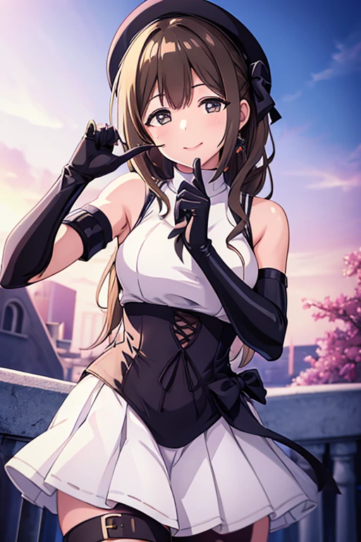 ((highest quality)), ((masterpiece)), (detailed),(One Girl), (alone), (Focus on women), Focus on the face, Cowboy Shot,white sleeveless turtleneck sweater dress,Captivating smile, make out,throw,No sleeve,Black Stockings,Without gloves,shiny skin,