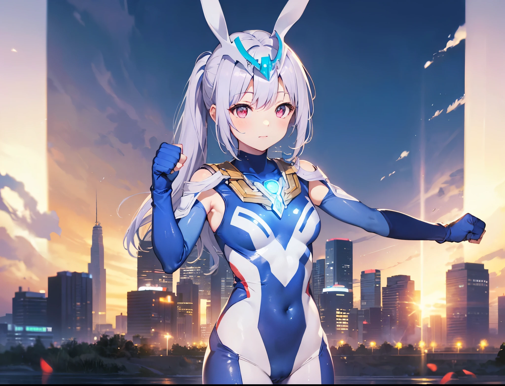 (Close-up:1.3),Realistic,highest quality, Ultra Detail, High-quality CG rendering, The most delicate and beautiful, Floating softly, High resolution, (1 girl), (Highest quality,4K,8K,masterpiece:1.2) ,Light purple hair,Rabbit,Bunny ears,ponytail,Red eyes,(Ultra Girl:1.0),(Bright blue Ultraman bodysuit:1.4),(Blue gloves:1.3),(Blue shoes:1.3),(Upper Body:1.3),(Clenched Fist:1.3),(Place your hands in front of your chest:1.4)