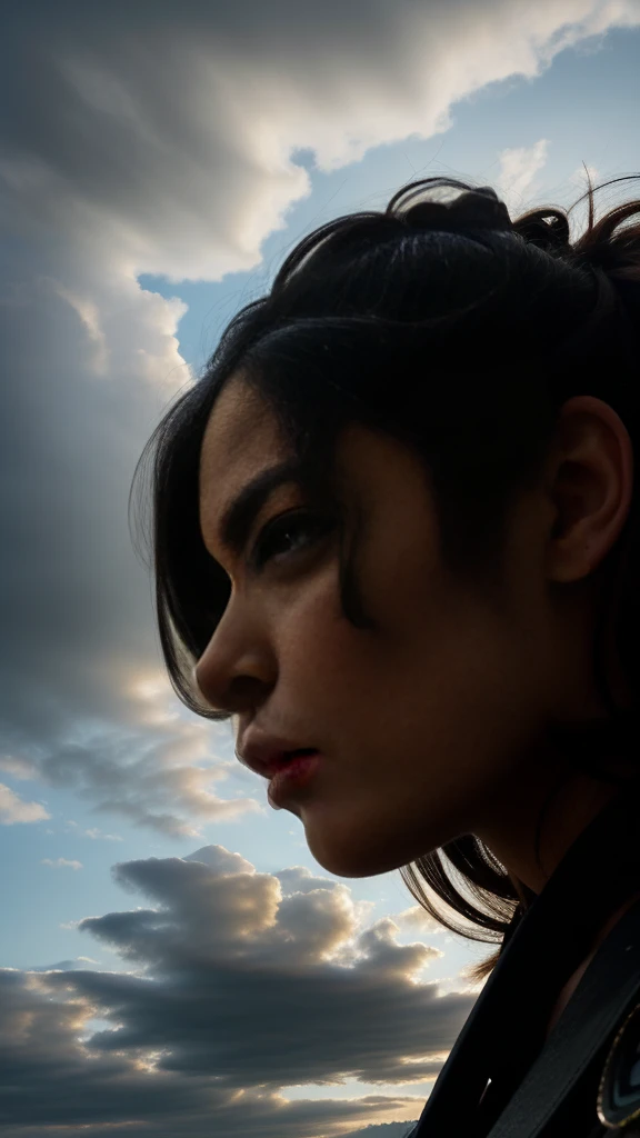 "A towering Giantess in a warrior style like the Amazons. Her toned and athletic build hints at her massive strength. She seems to be casually strolling through the bustling cityscape of GTS City, as towering buildings loom overhead. A beautiful well lit face. Realistic hands. Smoke and clouds roil around her, adding to the sense of epic scale and drama. The lighting is dark, gloomy, and realistic, creating a tense and ominous atmosphere. The perspective is from below, emphasizing the sheer majesty and power of the Giantess.", (sfw)