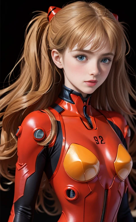 (Masterpiece: 1.4, highest quality), (intricate details), Unity8k wallpaper, super detailed, beautiful and mysterious, detailed background, realistic, solo, perfect detail face, detailed blue eyes, very detailed, blush, hair ornament, chignon mahogany hair, (blonde hair), plug suit 02,Shikinami Asuka Langley, Evangelion, slender , full body suit, black background, Above the waist