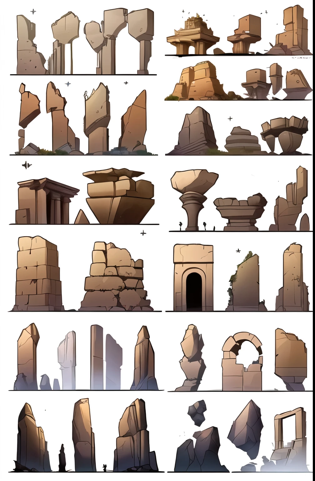 um monte de diferentes formas e tamanhos de pedras, estruturas de tumbas gigantes, ruins, arte de fundo, ancient ruins, Old buildings, Megalithic buildings, arte conceitual!, distopia Megaliths, Megaliths, Desenvolvimento visual, Monoliths, Arte conceitual, estruturas rochosas altamente detalhadas, folha de conceito, 2d arte conceitual, Folha de Ativos, ancient science fiction elements