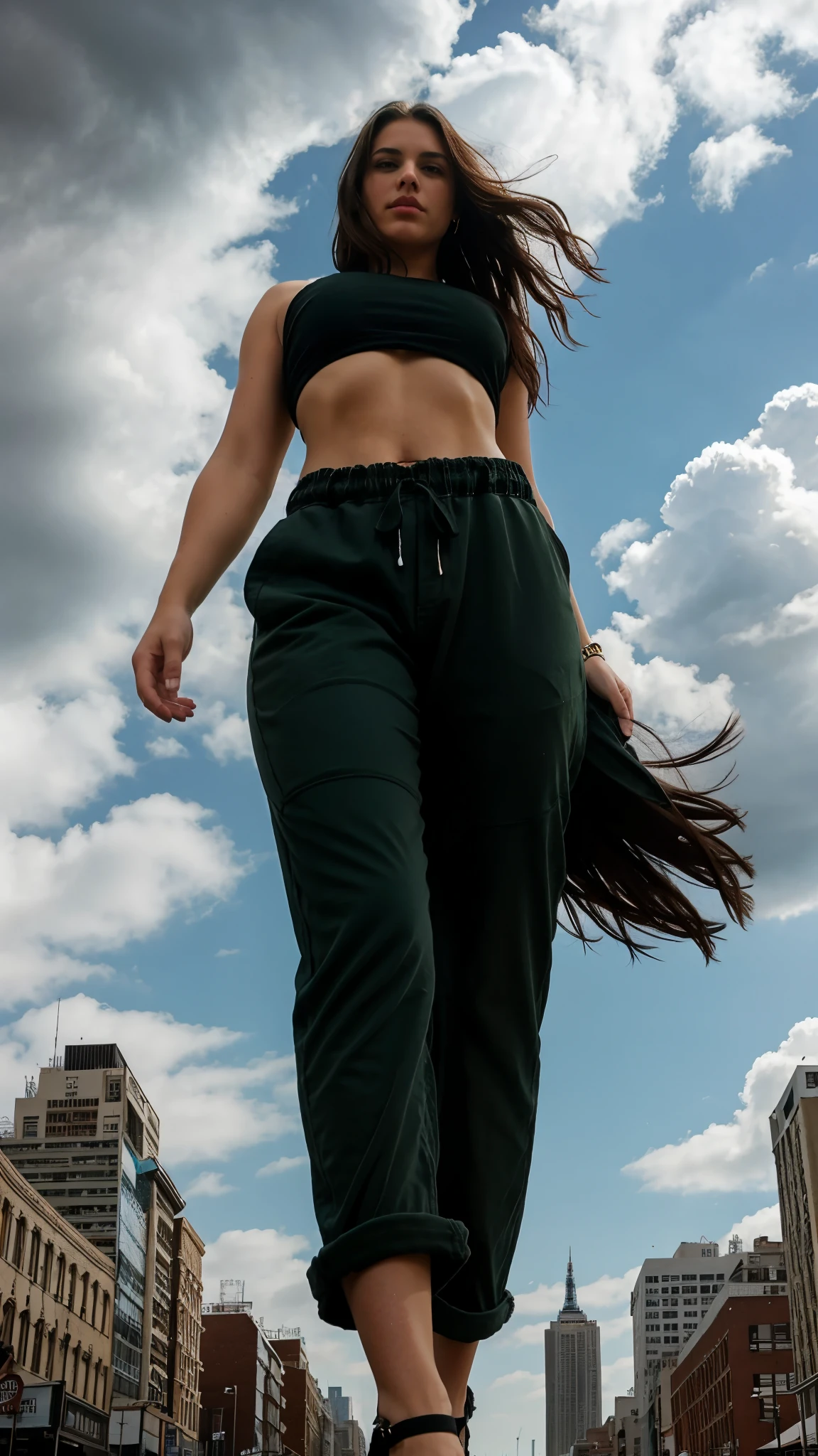 "A towering Giantess in a cool and laid-back hippie style is rocking a crop top and baggy pants. Her toned and athletic build hints at her massive strength. She seems to be casually strolling through the bustling cityscape of GTS City, as towering buildings loom overhead. Smoke and clouds roil around her, adding to the sense of epic scale and drama. The lighting is dark, gloomy, and realistic, creating a tense and ominous atmosphere. The perspective is from below, emphasizing the sheer majesty and power of the Giantess.", mybeauties.