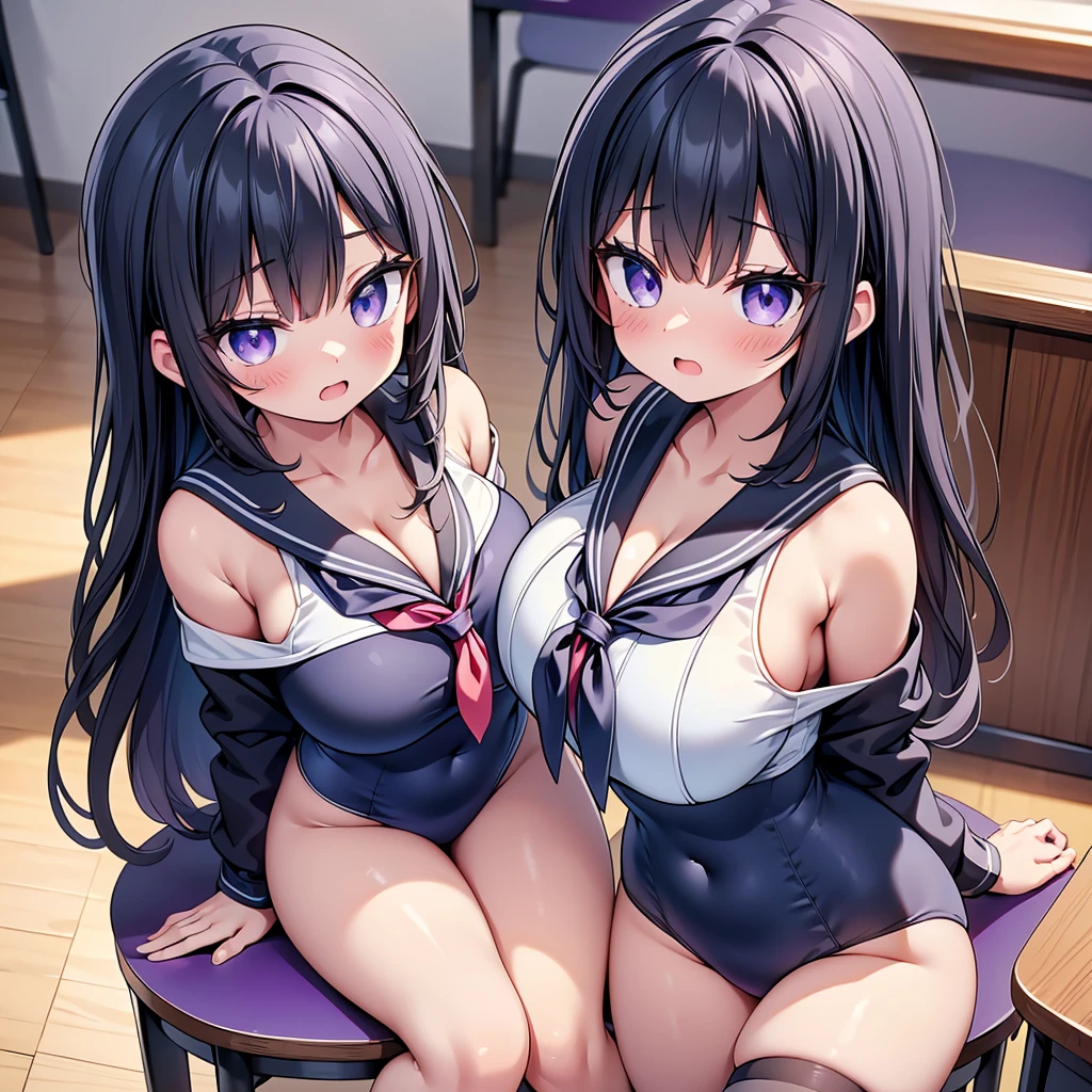 (cute eyes:1.2), (sparkling eyes:1.2), (8K、Best image quality、highest quality、masterpiece)、Detailed face、(2 girls)、Improve、(Black Hair, Purple Eyes, long hair)、(open mouth), (embarrassed), (skinny body:1.3),(huge breasts:1.4), (off shoulder sailor swimsuit:1.2), (cleavage), (crop top navel), Sit on a chair, Classroom Background, (black stockings:1.1), (Thighs:1.1), (Waistline:1.1),(close-up shot of bust), (from above:1.2)