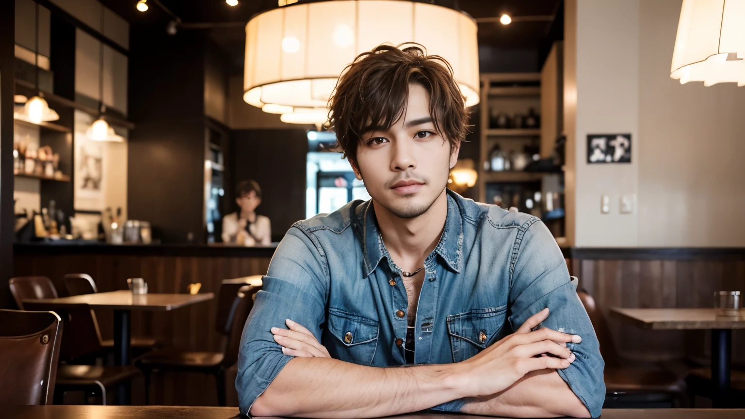 musician、Breezy, Handsome man in his 40s、(Super cool S-class guy)、Japanese Male, 40 years old、、Photo taken in a cafe、a handsome guy、(CG Unity 8K high resolution photo)、(Very detailedSA handsome guy in class)、(Realistic)、(highest quality))、Very detailed、super high quality、expensive、audience、kind person、Very beautiful hair Perm Hair、Bright photo、Handsome like a model、Handsome like an idol、Looking at the camera、inside a stylish cafe、Stubble