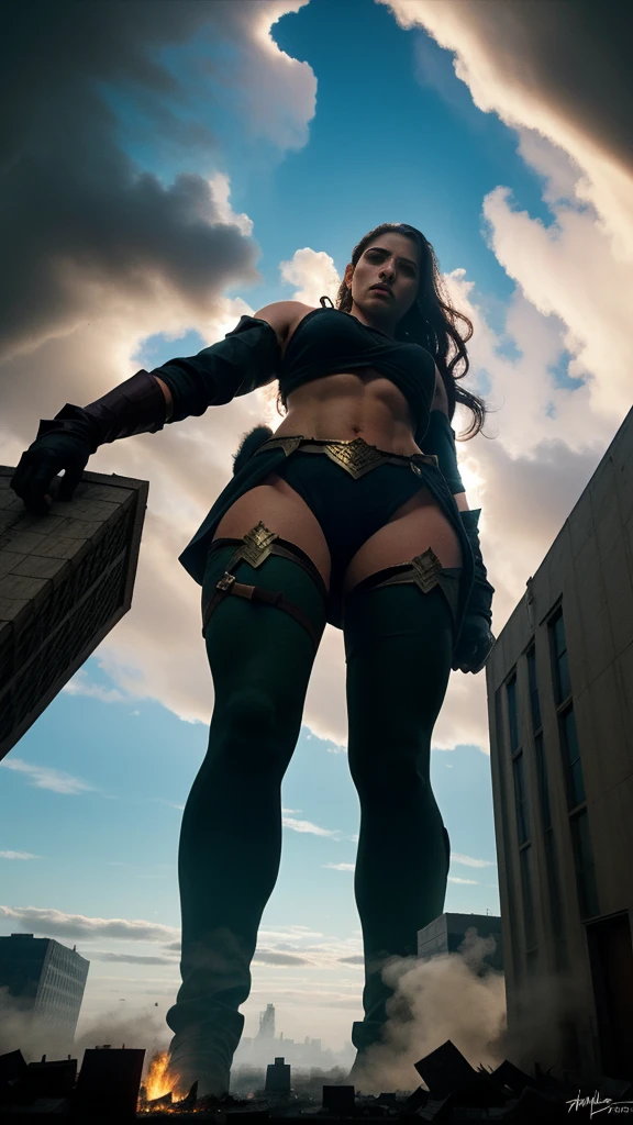 "A towering Giantess in a warrior style like the Amazons. Her toned and athletic build hints at her massive strength. She seems to be casually strolling through the bustling cityscape of GTS City, as towering buildings loom overhead. A beautiful well lit face. Realistic hands. Smoke and clouds roil around her, adding to the sense of epic scale and drama. The lighting is dark, gloomy, and realistic, creating a tense and ominous atmosphere. The perspective is from below, emphasizing the sheer majesty and power of the Giantess.", (sfw)