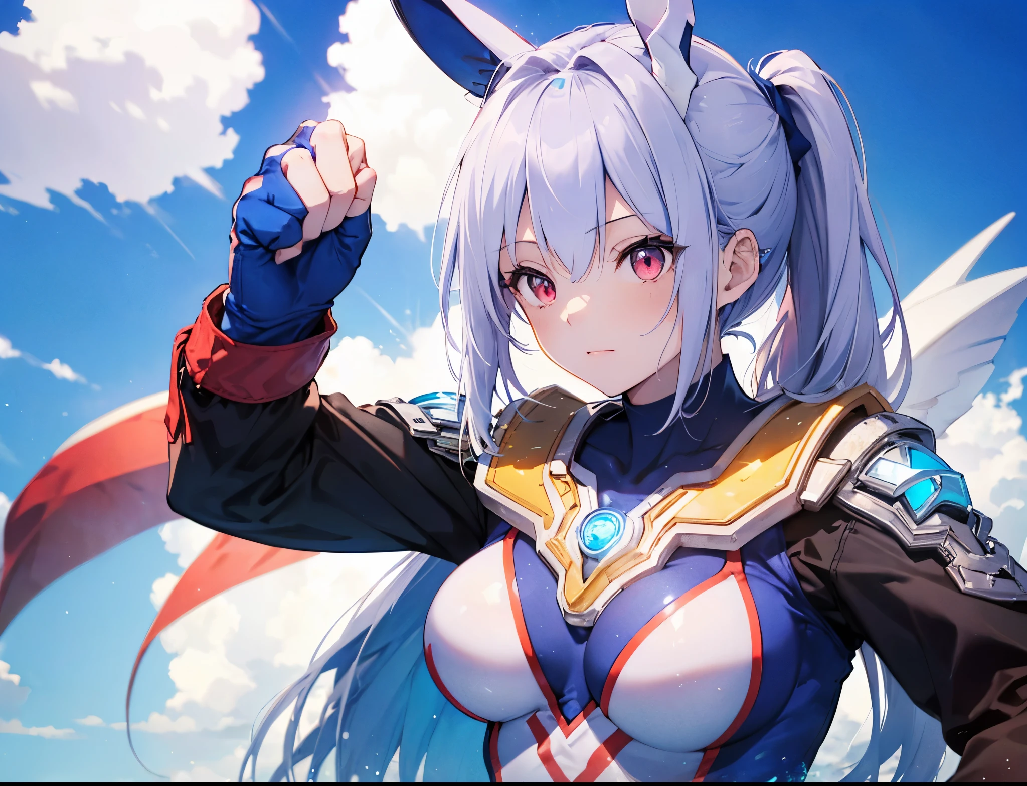 (Close-up:1.3),Realistic,highest quality, Ultra Detail, High-quality CG rendering, The most delicate and beautiful, Floating softly, High resolution, (1 girl), (Highest quality,4K,8K,masterpiece:1.2) ,Light purple hair,Rabbit,Bunny ears,ponytail,Red eyes,(Slightly larger breasts:1.5),(Ultra Girl:1.0),(Bright blue Ultraman bodysuit:1.4),(Blue gloves:1.3),(Blue shoes:1.3),(Upper Body:1.3),(Clenched Fist:1.3),(Place your hands on your chest:1.4)