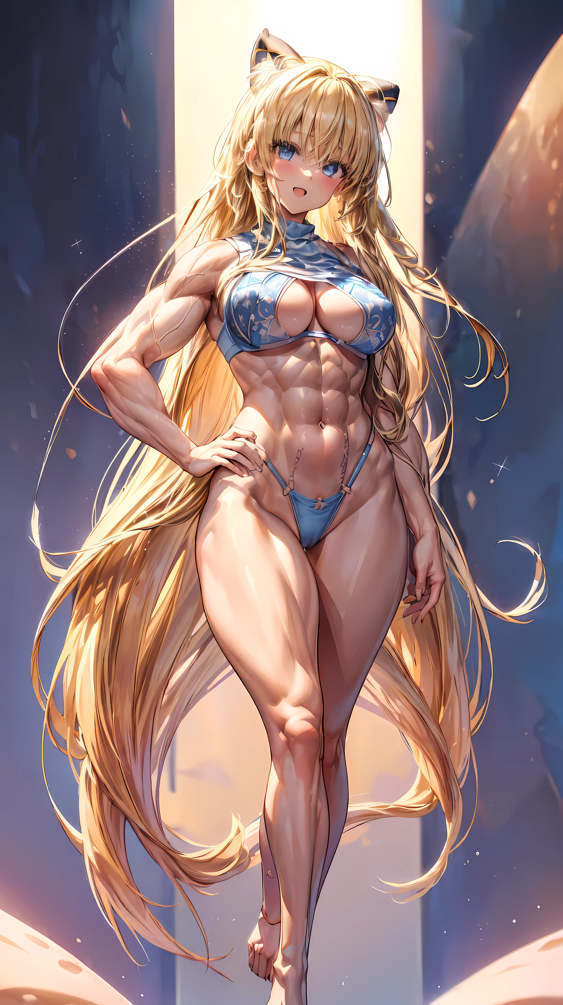 Very detailed、highest quality、Best image quality、masterpiece、8k、Anime Face、A kind smile、(Open your mouth:1.3)、Sparkling blue eyes、(Blonde semi-long hair:1.5)、(Muscles of the whole body:1.3)、(highleg:2.0)、Thigh belt、(Cowboy Shot:1.5)、(SFW Giant)、(Thick body:1.2)、(bra:1.5)、(sxspnts)、(Hands on hips:1.1)