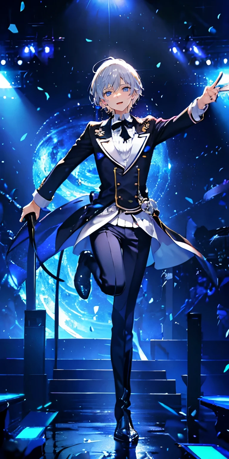 (Mastepiece), (Best Quality), Very detailed, ((1 boy)), Perfect Face, Beautiful Face, Very detailedな顔,((Silver Hair_short hair_Blue eyes:1.3)),Male solo idol、Gorgeous idol costumes、Cape、boots、(pants:1.2)、(Hold the microphone)、stage、Concert Dome、Lots of confetti、(smile:1.4)、(Open your mouth wide)、sing、dance、Wink、Laser light、Spotlight