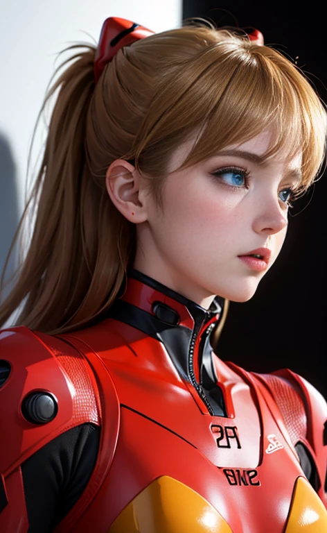 (Masterpiece: 1.4, highest quality), (intricate details), Unity8k wallpaper, super detailed, beautiful and mysterious, detailed background, realistic, solo, perfect detail face, detailed blue eyes, very detailed, blush, hair ornament, chignon mahogany hair, (blonde hair), plug suit 02,Shikinami Asuka Langley, Evangelion, slender -yeld gi full body suit, black background, Above the waist