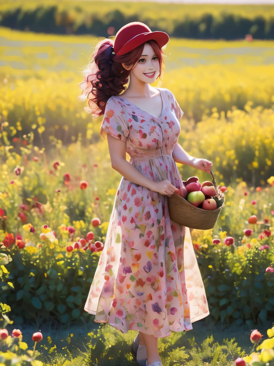 arafed woman in a floral dress and yellow hat standing in an apple orchard, standing in an apple orchard, wearing a french beret, port 8 0 0 ", inspired by Elsa Beskow, picking apples from a tree, an oversized beret, by Zofia Stryjenska, with curly red hair, renaissance autumnal, red hair and freckles