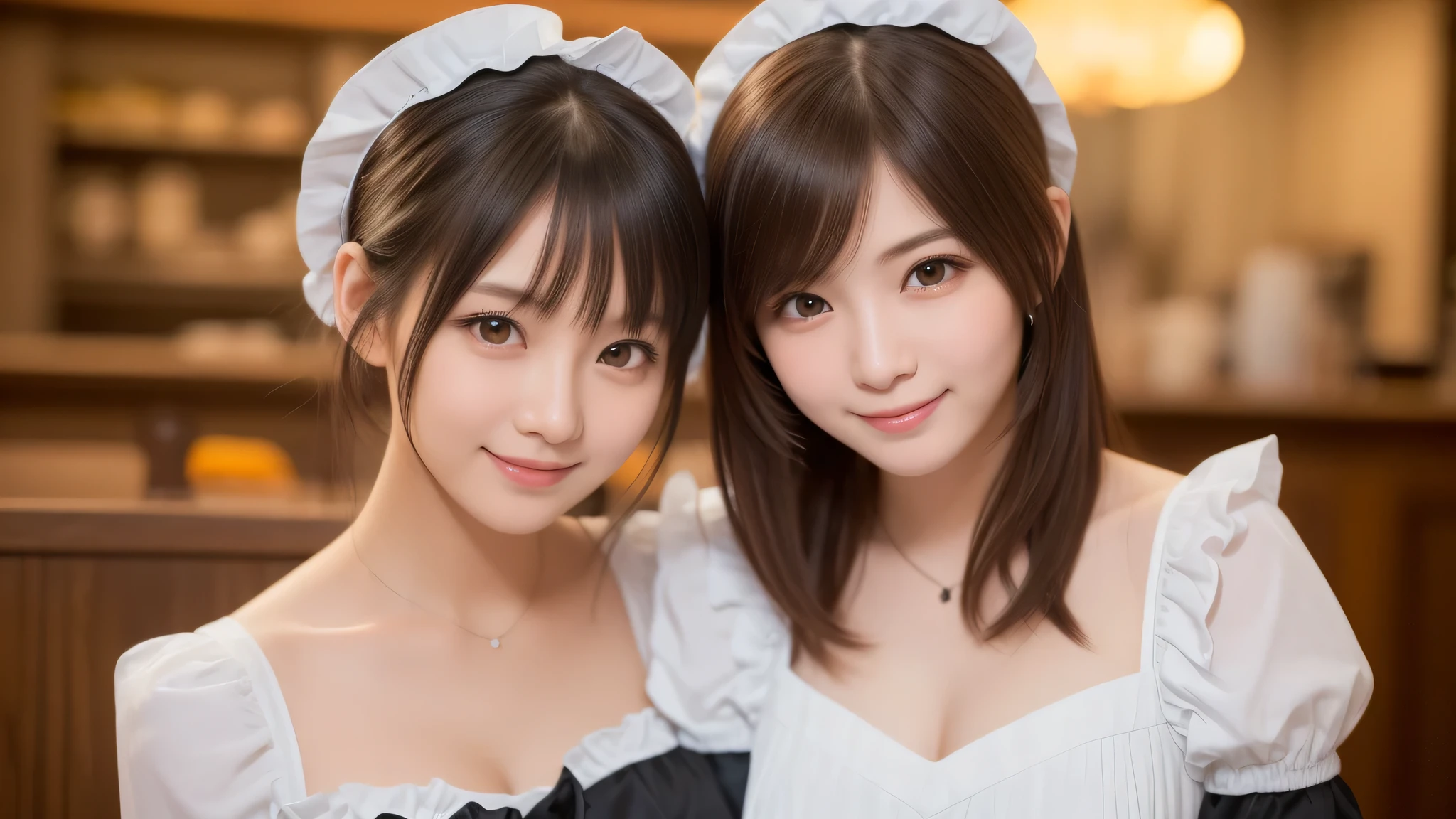 (2girl:1.3), (cute smile:1.2), (extremely detailed beautiful face), (highly detailed eyes, highly detailed face), (costume, ruffle costume:1.2), Fresh, very clean appearance, (best Quality:1.4), (hyper-realistic, hight resolution), Professional Photography, standing, Indoor, (maid cafe), Close up portrait of girl, staring at me, cleavage, (Fine face:1.2),