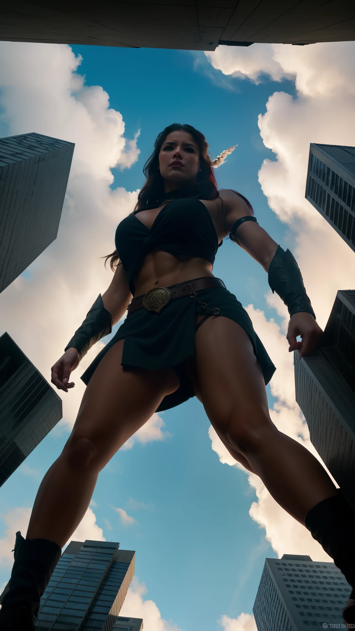"A towering Giantess in a warrior style like the Amazons. Her toned and athletic build hints at her massive strength. She seems to be casually strolling through the bustling cityscape of GTS City, as towering buildings loom overhead. A beautiful well lit face. Realistic hands. Smoke and clouds roil around her, adding to the sense of epic scale and drama. The lighting is dark, gloomy, and realistic, creating a tense and ominous atmosphere. The perspective is from below, emphasizing the sheer majesty and power of the Giantess.", (sfw)