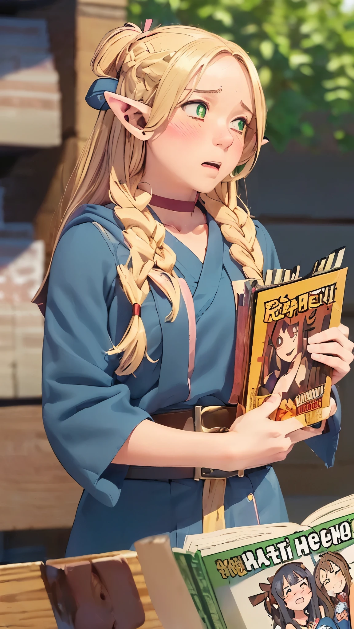 solo, (embarrassment, confused expression, blush, shy face expression:1.35), (open eyes), (reading action, reading hentai, holding, holding hentai magazine:1.5), comics,fantasia,marvel e DC, library, book shelves, dungeon background, dmeshimarcil, choker, belt, capele