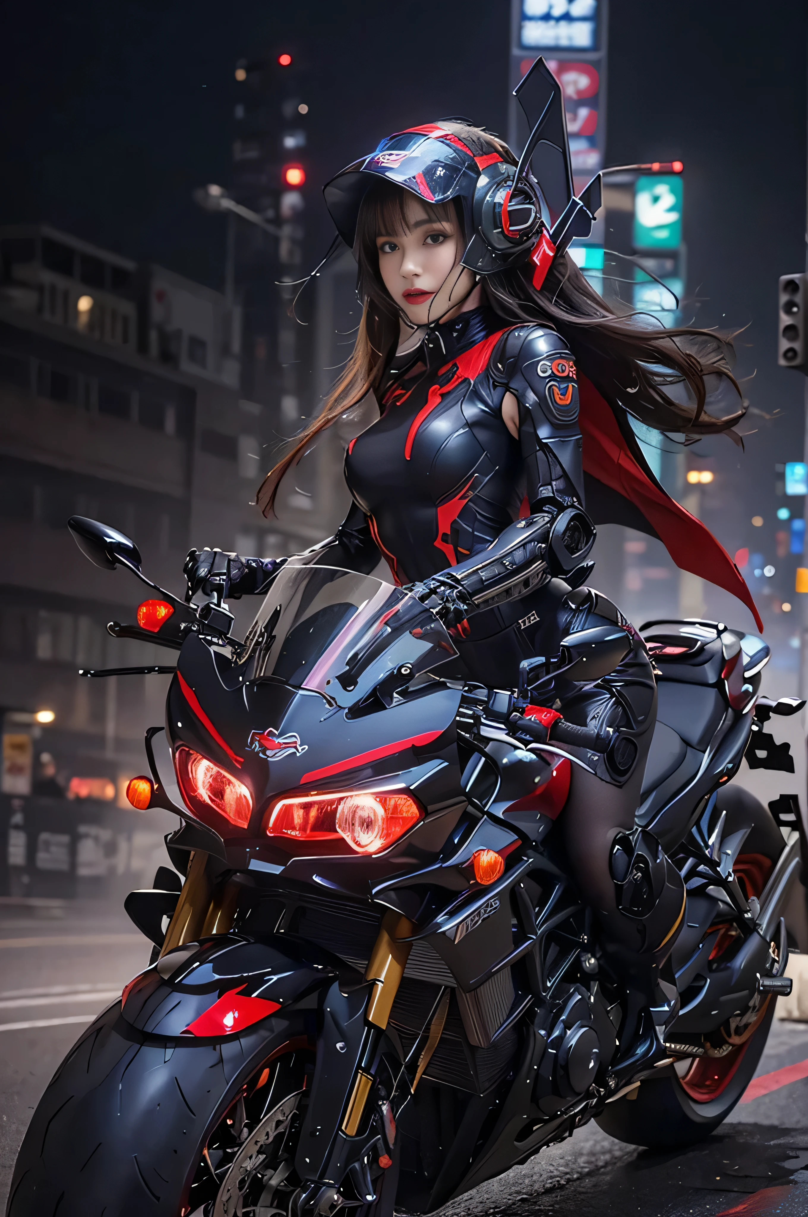 (RAW quality:1.4), masterpiece, highest quality, High resolution, dark_Fantasy, cyber punk, (Sword Weapons,red:1.1),1 person, Japanese women, 14 years old, mechanical,Robotic presence,Cybernetic Guardian, darkness, Night city background, at night, cyber punk mecha humanoid black and red is riding a futuristic Ducati Panigale V4 race motorcycle on a mountain road at night, Realistic Style, Inspired by Blade Runner, Dark and dramatic lighting, Red and Black Theme, Central curve composition, Rear view. (An ultra-fine masterpiece:1.5), (beautifuly intricate:1.5), (highest quality:1.5), (beautiful + beautiful + Harmonious:1.5), (Highly detailed face, Ultra-detailed eyes, Highly detailed mouth, Super-detailed body, Very fine needles, Very elaborate clothing, Ultra-detailed landscapes:1.5), (Sharpen details:1.2), Blurred Background, Shallow subject depth,