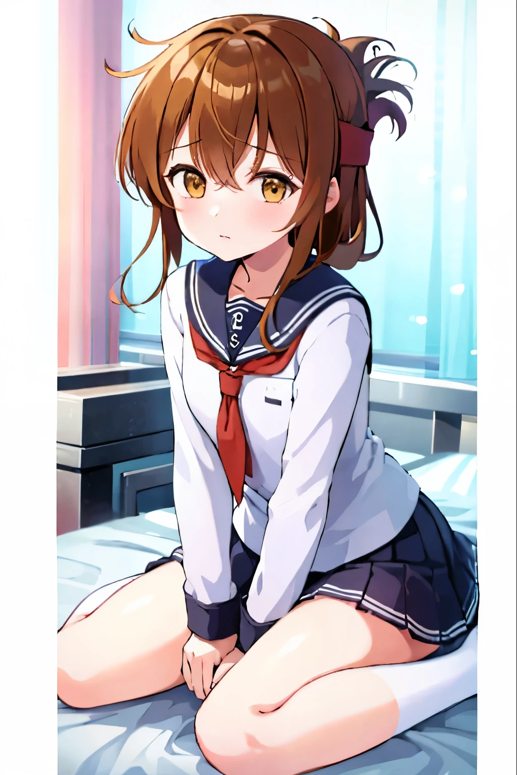 An unwell high school girl wearing a miniskirt sailor suit in the health room(masterpiece, best quality:1.2),illustration,8k,hd,1girl,solo,upper body,(portrait:1.2),brown_hair,folded_ponytail,brown_eyes,serafuku,long_hair,school_uniform,skirt,pleated_skirt,