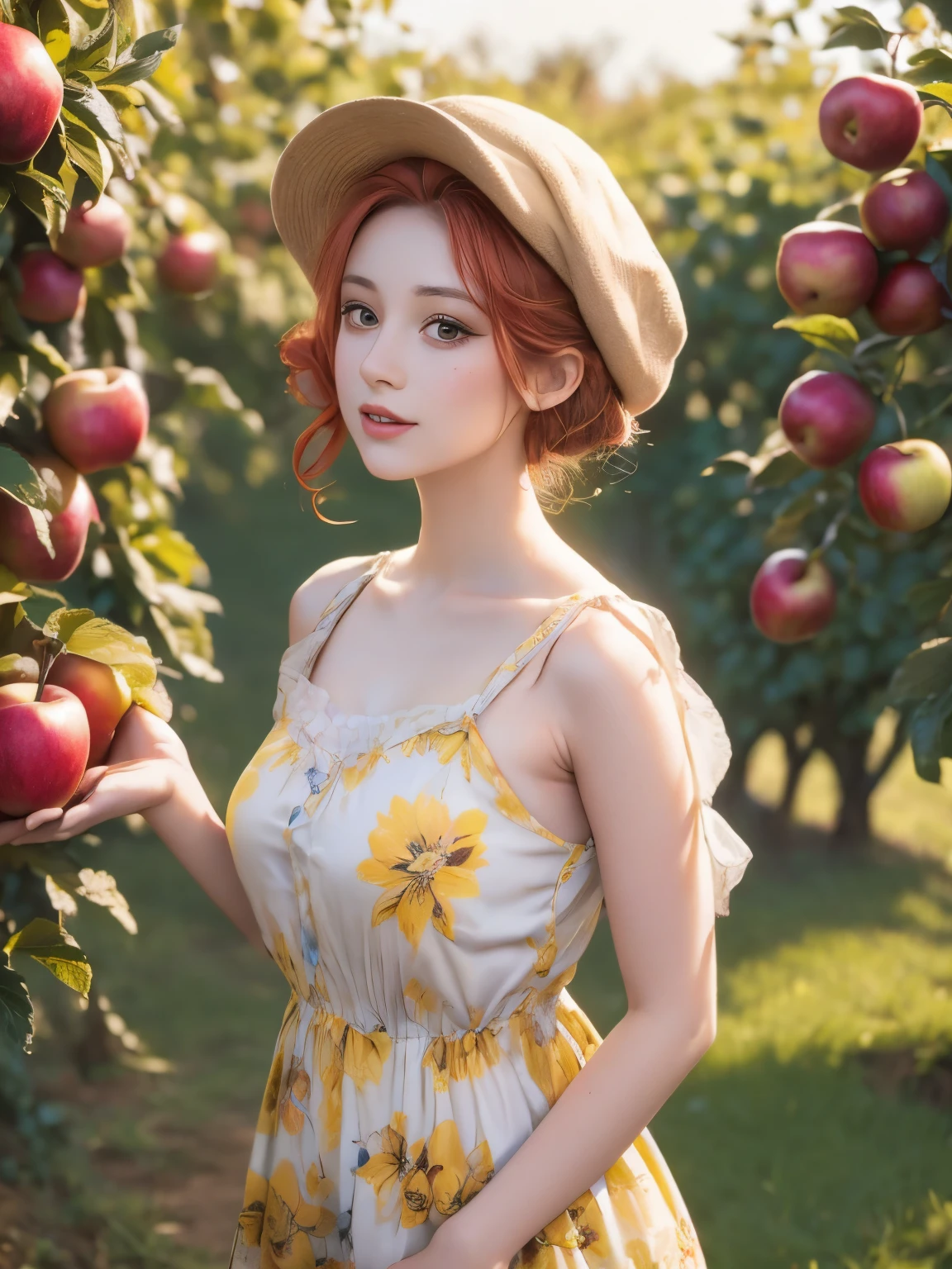 arafed woman in a floral dress and yellow hat standing in an apple orchard, standing in an apple orchard, wearing a french beret, port 8 0 0 ", inspired by Elsa Beskow, picking apples from a tree, an oversized beret, by Zofia Stryjenska, with curly red hair, renaissance autumnal, red hair and freckles