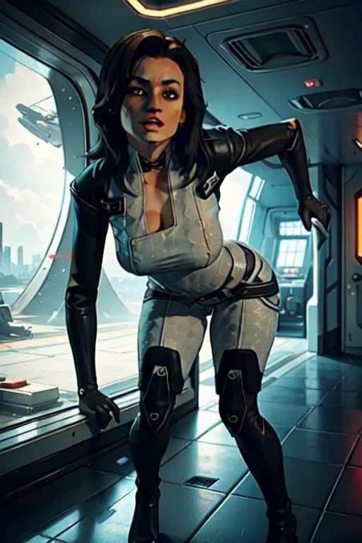 masterpiece, high detailed, best quality, highres:1.2, 1girl, solo, mature girl, Miranda Lawson, black hair, long hair, pretty face, blue eyes, bodysuit, choker, gloves, belt, boots, large breasts, cleavage, looking at viewer, indoors, spaceship interior, bedroom, standing, leaning to the camera, sexy pose, natural feminine hands, natural legs, full body shot, curious expression, opened mouth