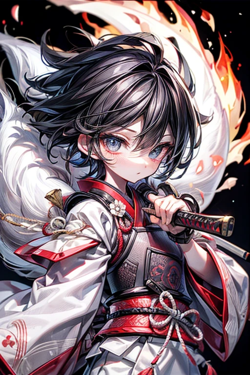 high qulity, tmasterpiece, ultra - detailed, White Fox Samurai, short detailed hair, mesmerizing eyes, Holding a katana, Japanese-style armor, fiery background
