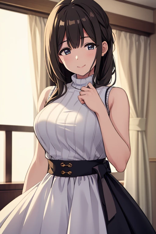 ((highest quality)), ((masterpiece)), (detailed),(One girl), (alone), (Focus on women), Focus on the face,white sleeveless turtleneck (sweater) dress, shiny skin, cowboy shot, standing,seductive smile, make out,POV