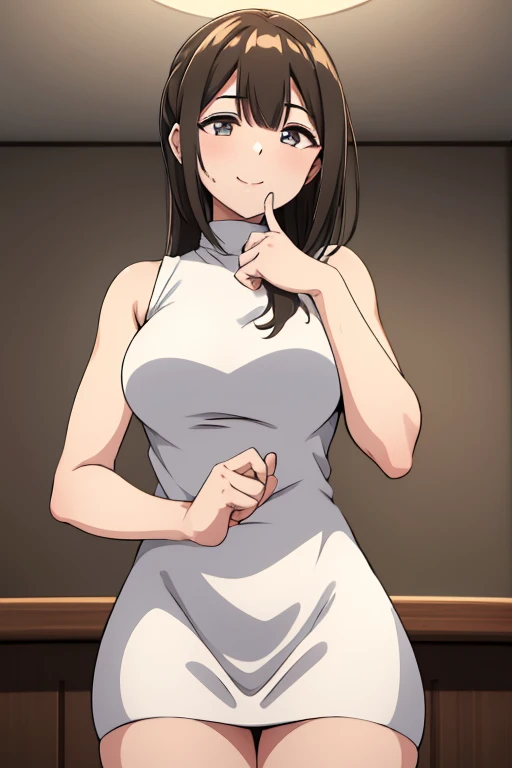 ((highest quality)), ((masterpiece)), (detailed),(One girl), (alone), (Focus on women), Focus on the face,white sleeveless turtleneck (sweater) dress, shiny skin, cowboy shot, standing,seductive smile, make out,POV