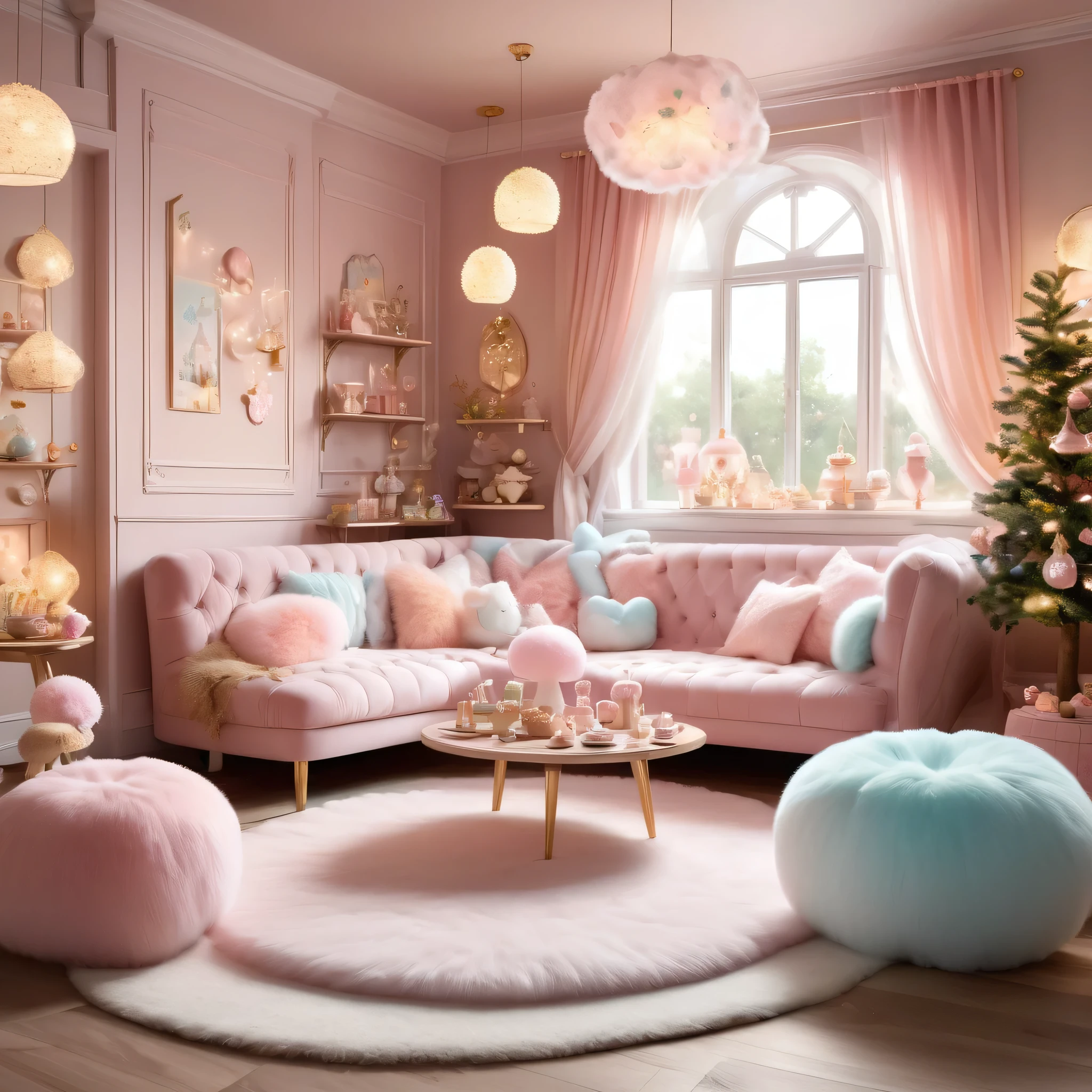 (best quality,4k,8k,highres,masterpiece:1.2),ultra-detailed,(realistic,photorealistic,photo-realistic:1.37),fluffy marshmallow style living room,soft colors,vintage,cozy atmosphere,beautifully decorated,magical lighting,candy-themed furniture,nostalgic,dreamy ambiance,plush cushions,storybook illustrations,lively imagination,playful elements,whimsical details,delicate pastel shades,fairy tale-inspired,dreamlike settings,mystical doorways,toadstool tables and chairs,enchanting wall murals,sparkling chandeliers,window seats with fluffy clouds,floating cotton candy,cloud-shaped rugs,curtain of twinkling fairy lights,comforting fireplace,harmonious blend of textures and patterns,magical atmosphere filled with wonder and warmth.
