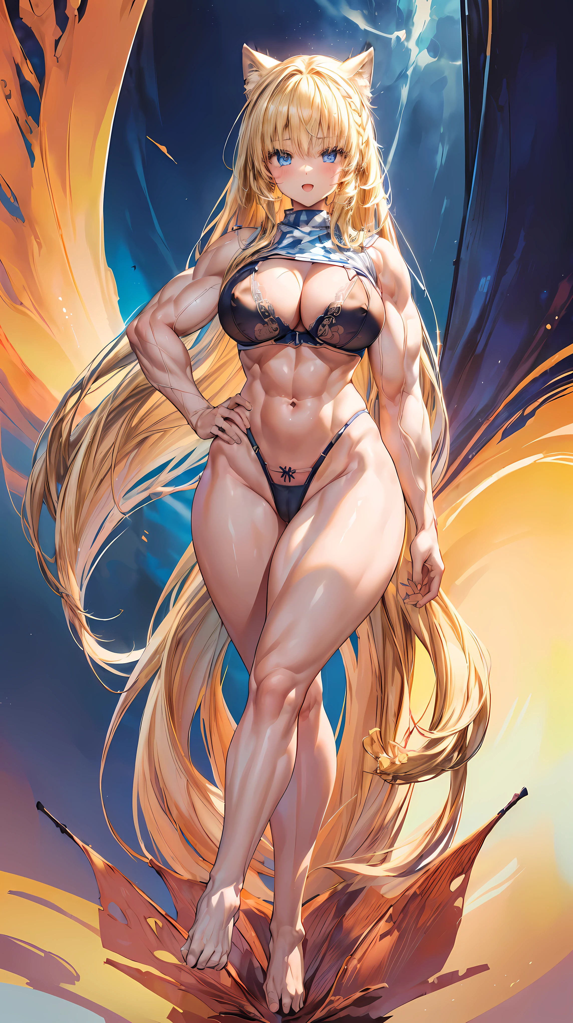 Very detailed、highest quality、Best image quality、masterpiece、8k、Anime Face、A kind smile、(Open your mouth:1.3)、Sparkling blue eyes、(Blonde semi-long hair:1.5)、(Muscles of the whole body:1.3)、(highleg:2.0)、Thigh belt、(Cowboy Shot:1.5)、(SFW Giant)、(Thick body:1.2)、(bra:1.5)、(sxspnts)、(Hands on hips:1.1)