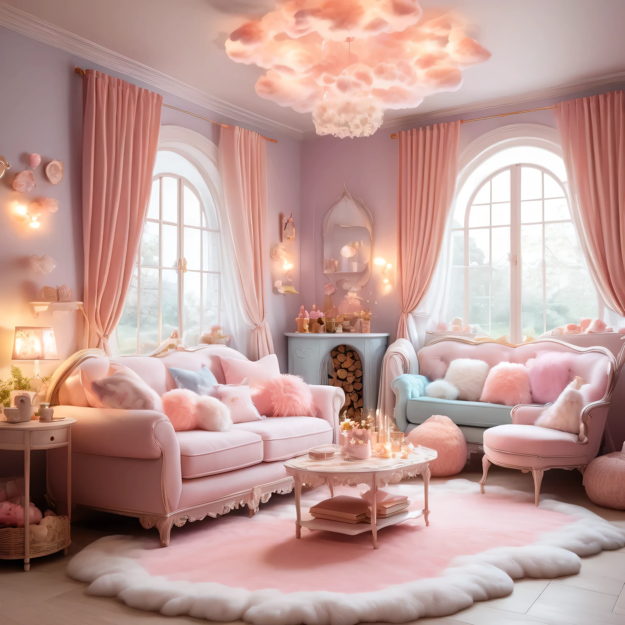 (best quality,4k,8k,highres,masterpiece:1.2),ultra-detailed,(realistic,photorealistic,photo-realistic:1.37),fluffy marshmallow style living room,soft colors,vintage,cozy atmosphere,beautifully decorated,magical lighting,candy-themed furniture,nostalgic,dreamy ambiance,plush cushions,storybook illustrations,lively imagination,playful elements,whimsical details,delicate pastel shades,fairy tale-inspired,dreamlike settings,mystical doorways,toadstool tables and chairs,enchanting wall murals,sparkling chandeliers,window seats with fluffy clouds,floating cotton candy,cloud-shaped rugs,curtain of twinkling fairy lights,comforting fireplace,harmonious blend of textures and patterns,magical atmosphere filled with wonder and warmth.