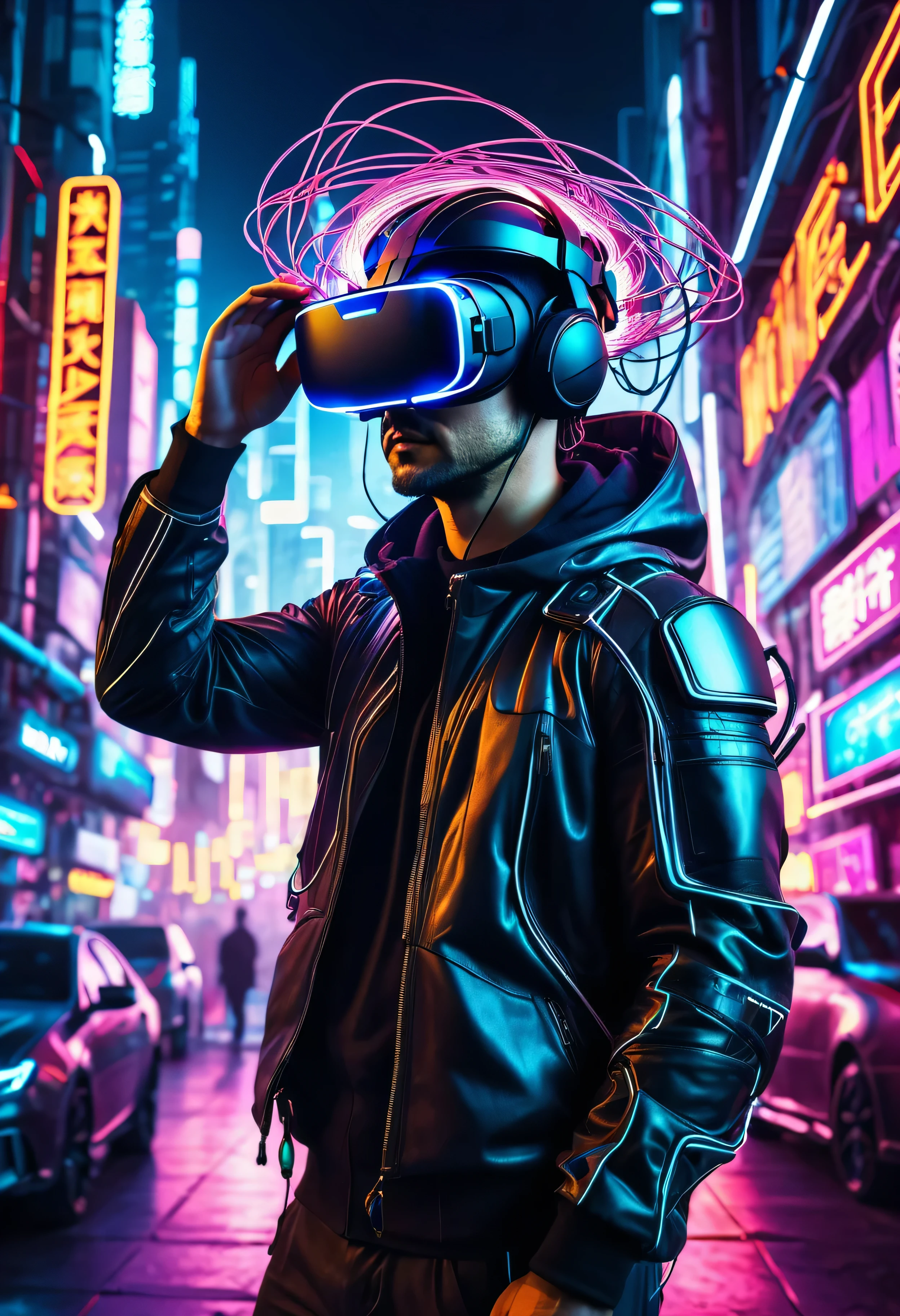 cyberpunk style futuristic city, a man wearing vr helmet holding his head, many wires around the helmet, neon light, highly detailed background, sunlight
