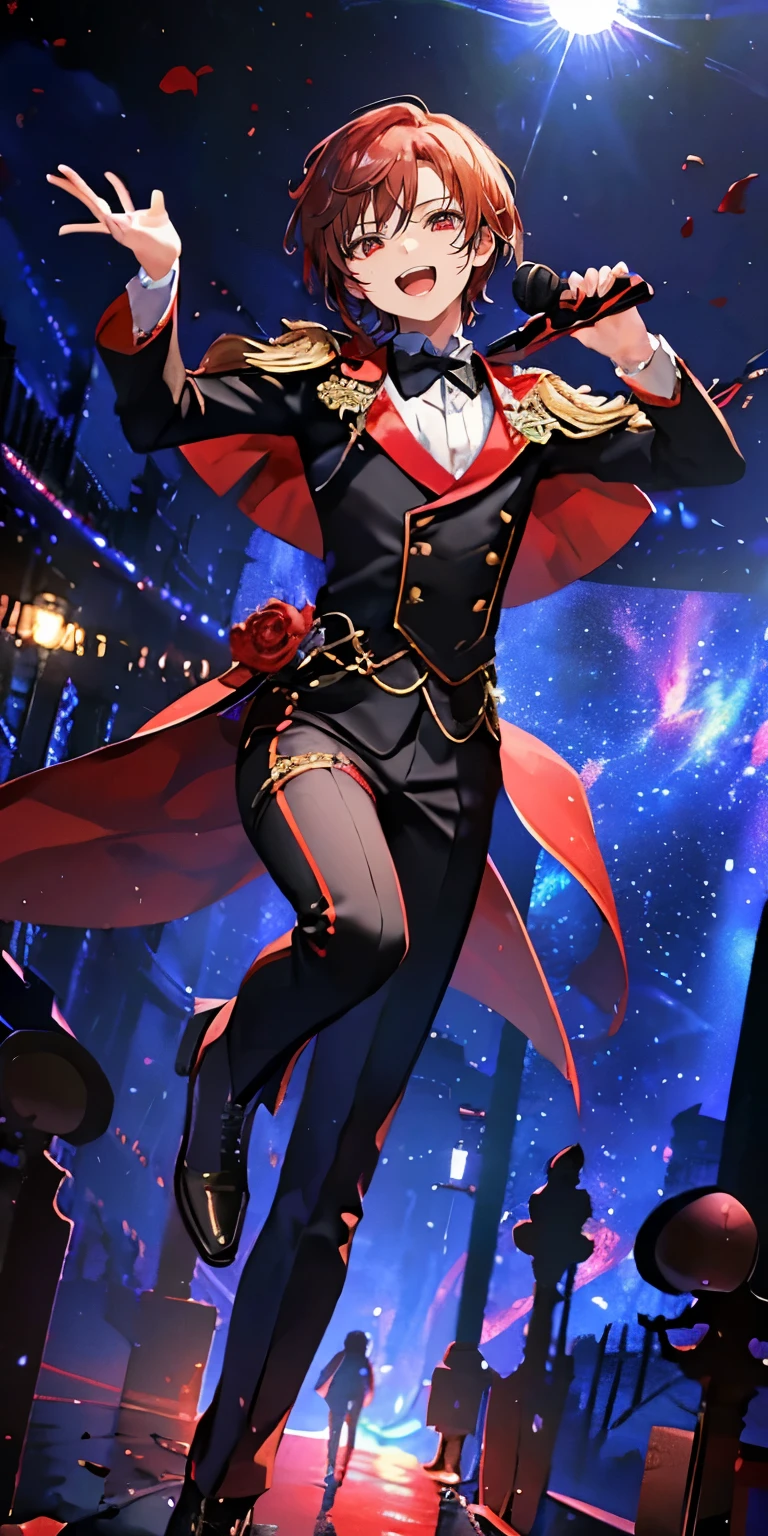 (Mastepiece), (Best Quality), Very detailed, ((1 boy)), Perfect Face, Beautiful Face, Very detailedな顔，((Red hair_short hair_Red eyes:1.3))，Male solo idol、Gorgeous idol costumes、Cape、boots、(pants:1.2)、(Hold the microphone)、stage、Concert Dome、Lots of confetti、(smile:1.4)、(Open your mouth wide)、sing、dance、Wink、Laser light、Spotlight