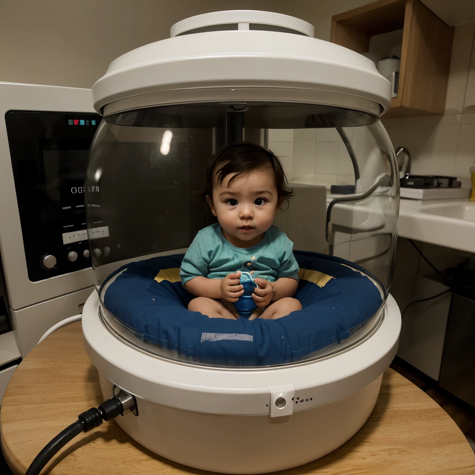 Organic development capsule connected to several tubes with a baby inside