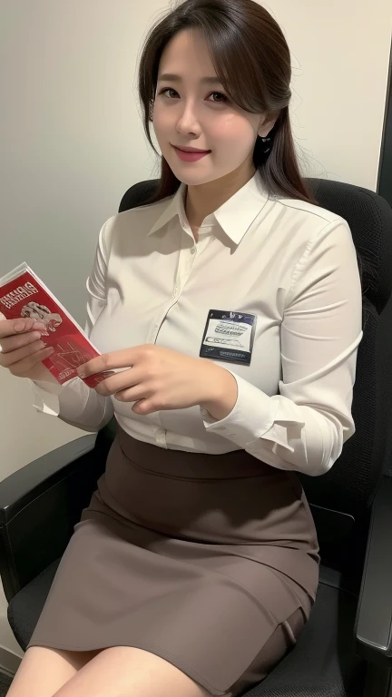 ((highest quality, 8k, masterpiece, Portraiture: 1.3)), (Observe the audience), (Full Shot:0.85), 魅力的なビジネスのMature Woman, 1 person, A little chubby:0.35,light brown medium length、 White collared shirt, Grey Skirt,(Big Tits 1.1) (Large pelvis:0.8), (officeチェアに座っている)), smile:0.2, president&#39;office,Good posture、(((Mature Woman))), (((56 years old)))evening、薄暗いofficeで、

