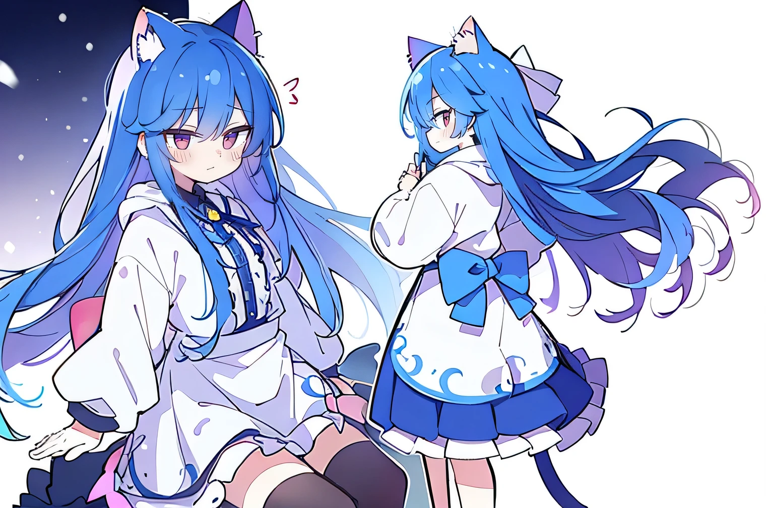(masterpiece:1.2),Super detailed,lifelike,Expressive eyes,fair skin,perfect face shape,1 girl,
Japanese comics,Gorgeous blue hair,flowing blue hair,flowing clothes,Cat ears,Petals fall,beautiful lola,Baby Angel,
Cross your legs,Gentle and peaceful background,The pavilion is cool and comfortable,smile, wearing hoodie, background of tokyo,back views,snowing, winter.