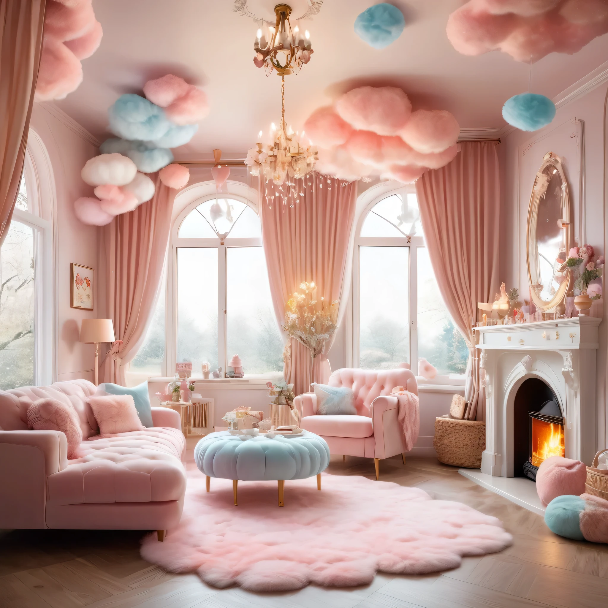 (best quality,4k,8k,highres,masterpiece:1.2),ultra-detailed,(realistic,photorealistic,photo-realistic:1.37),fluffy marshmallow style living room,soft colors,vintage,cozy atmosphere,beautifully decorated,magical lighting,candy-themed furniture,nostalgic,dreamy ambiance,plush cushions,storybook illustrations,lively imagination,playful elements,whimsical details,delicate pastel shades,fairy tale-inspired,dreamlike settings,mystical doorways,toadstool tables and chairs,enchanting wall murals,sparkling chandeliers,window seats with fluffy clouds,floating cotton candy,cloud-shaped rugs,curtain of twinkling fairy lights,comforting fireplace,harmonious blend of textures and patterns,magical atmosphere filled with wonder and warmth.