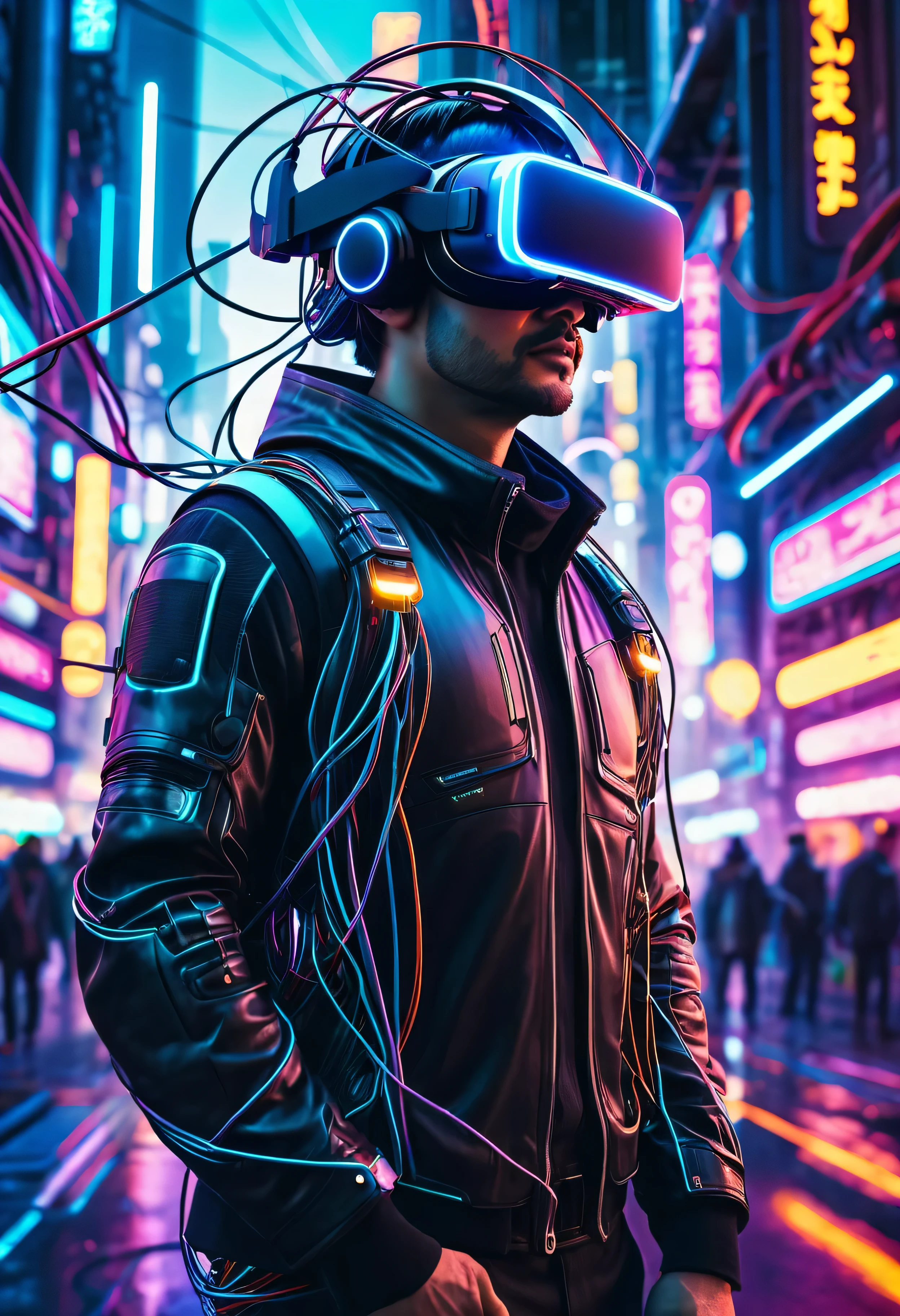 cyberpunk style futuristic city, a man wearing vr helmet holding his head, many wires around the helmet, neon light, highly detailed background, sunlight
