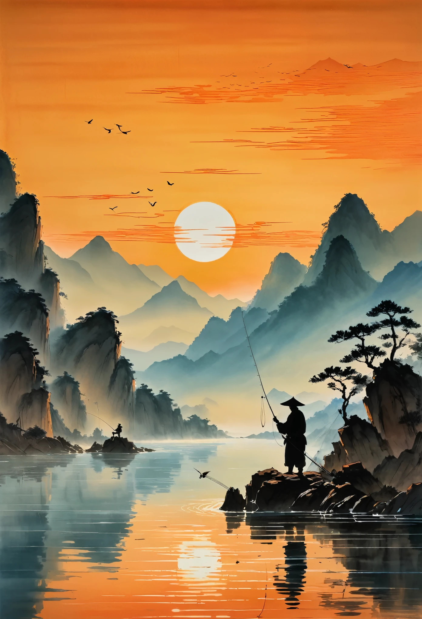 Fisherman silhouette, casting a fishing line into the water at sunset., mountains in the background and calm water, reflecting orange shades. The scene is depicted in the style of Chinese artist Zhang Daqian.