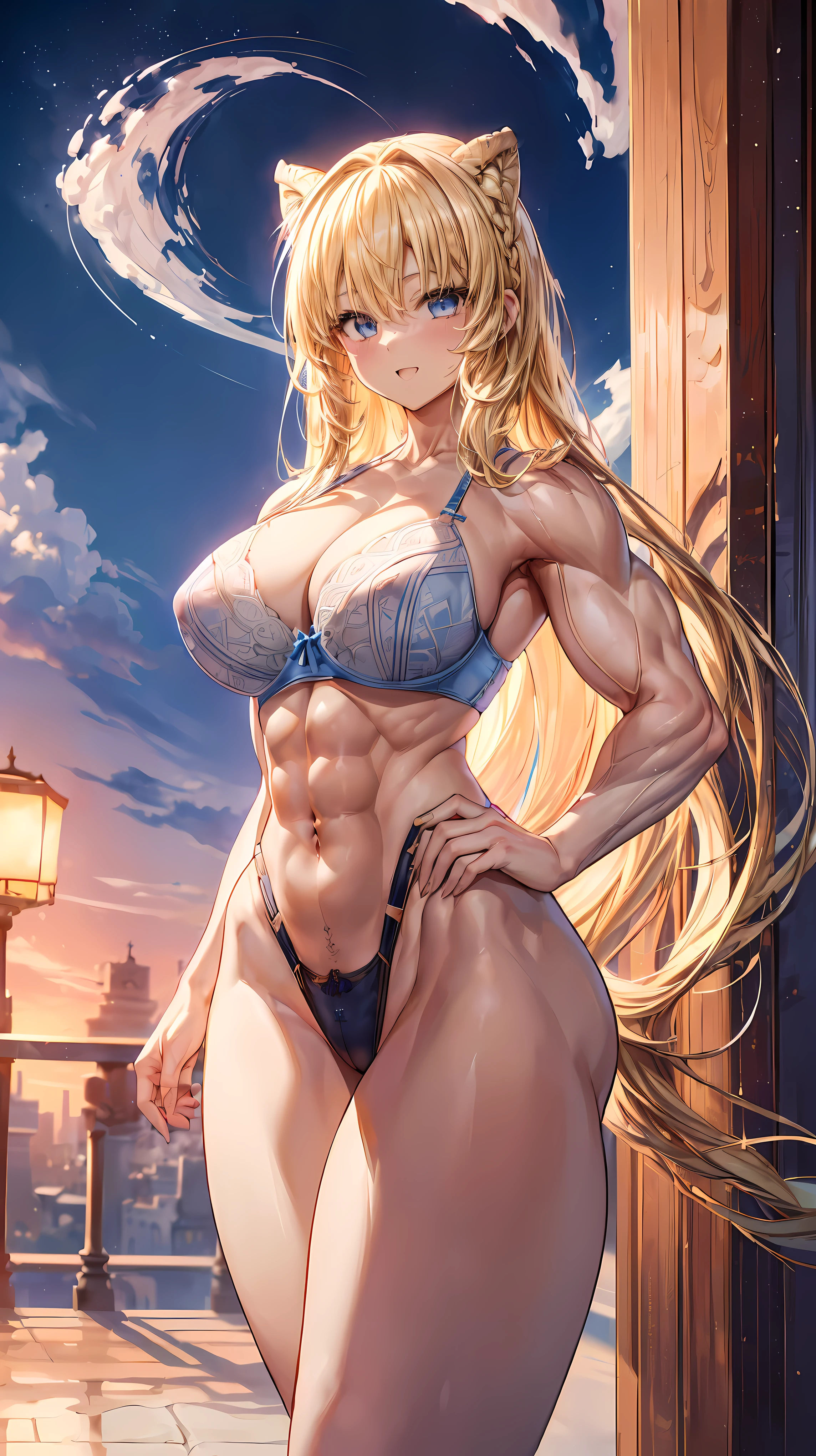 Very detailed、highest quality、Best image quality、masterpiece、8k、Anime Face、A kind smile、(Open your mouth:1.3)、Sparkling blue eyes、(Blonde semi-long hair:1.5)、(Muscles of the whole body:1.3)、(highleg:2.0)、Thigh belt、(Cowboy Shot:1.5)、(SFW Giant)、(Thick body:1.2)、(bra:1.5)、(sxspnts)、(Hands on hips:1.1)