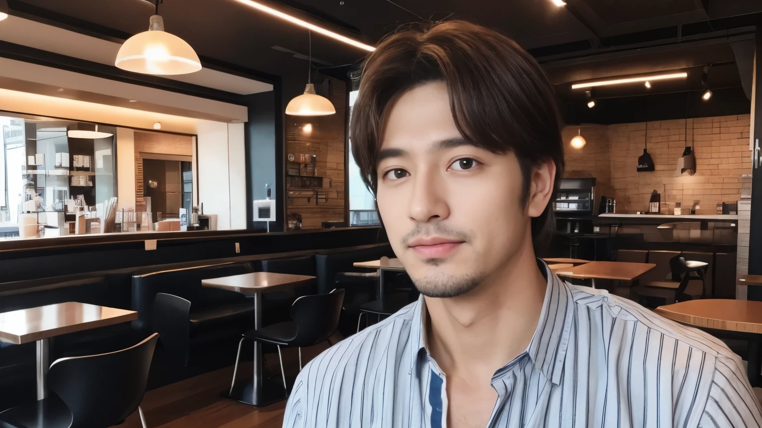 musician、Refreshingly handsome man in his 40s、（Super cool S-class boys）、Japanese male, 40 years old、、Photographed inside the cafe、a handsome guy、（CG Unity 8K high resolution photo）、（Very detailedＳA handsome guy in class）、（Photorealistic）、（highest quality））、Very detailed、super high quality、expensive、Audience、kind person、Very beautiful hair　Perm Hair、Bright photo、Handsome like a model、Handsome like an idol、looking at the camera、Inside a stylish cafe、Stubble