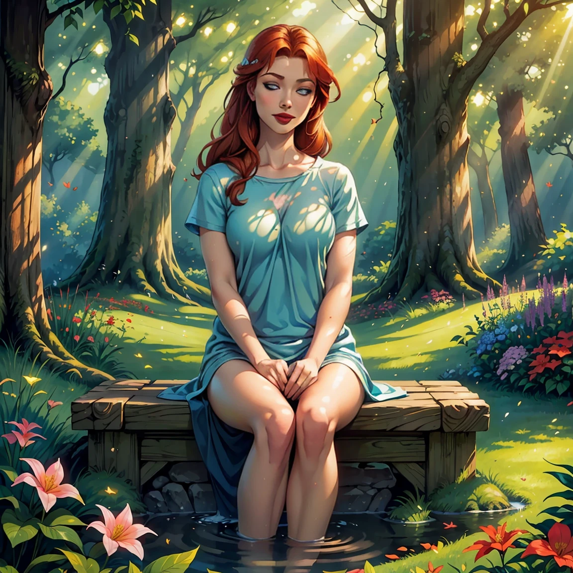 (best quality,realistic,1girl),40 years old,very detailed blue eyes,very detailed red lips,ginger hair,short,t-shirt,cozy ambience,soft lighting,tranquil ambiance,full body,pleasant garden,butterflies,floating flowers,peaceful atmosphere,lush greenery,serene moment,delicate features,subtle smile,sparrows chirping,relaxed pose,gentle breeze,harmonious colors,natural beauty,dewdrops on leaves,calm expression,serenity and tranquility,sun-kissed glow,whisper of leaves,rays of sunlight filtering through trees,sun-dappled shade,harmony with nature,contemplative mood,sublime tranquility