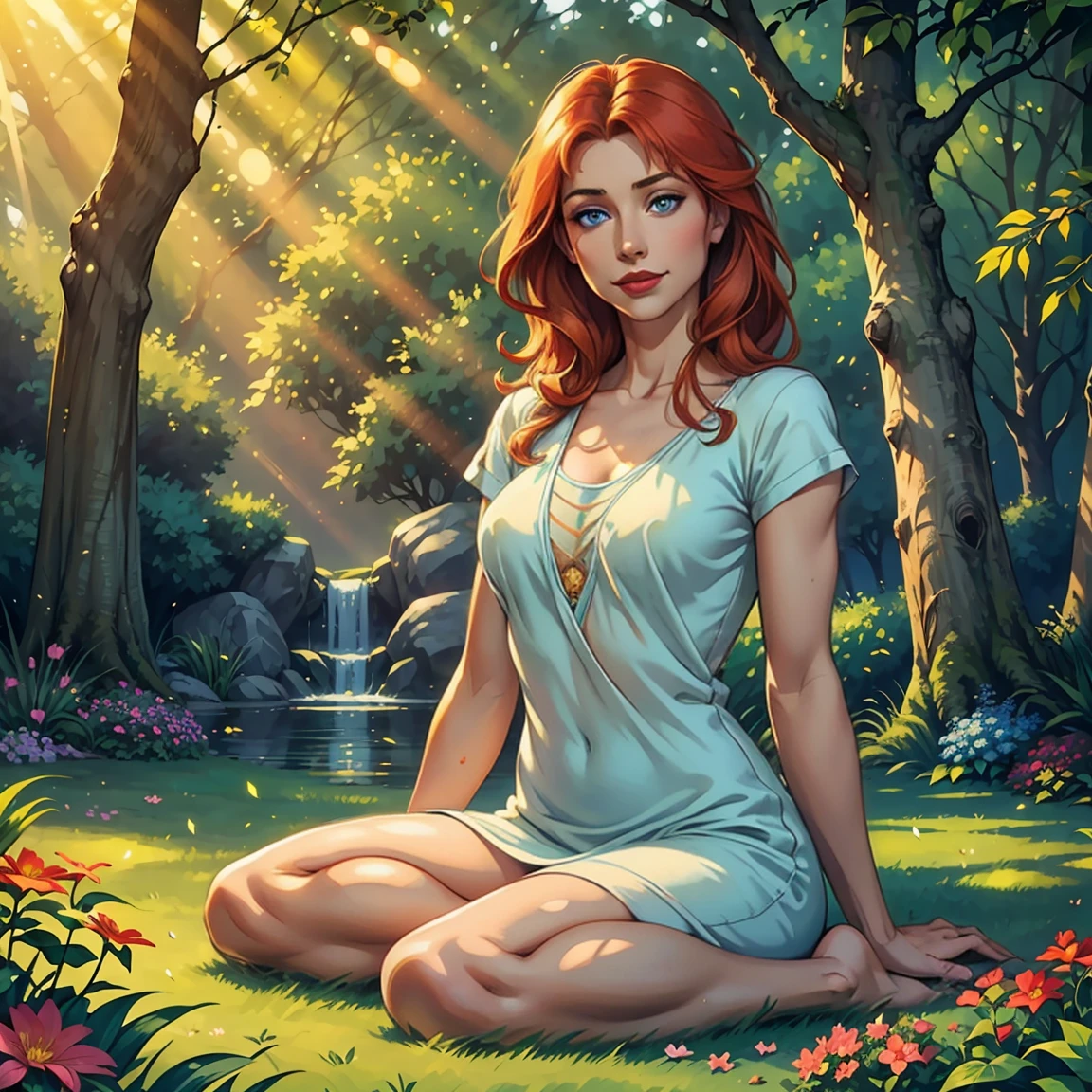 (best quality,realistic,1girl),40 years old,very detailed blue eyes,very detailed red lips,ginger hair,short,t-shirt,cozy ambience,soft lighting,tranquil ambiance,full body,pleasant garden,butterflies,floating flowers,peaceful atmosphere,lush greenery,serene moment,delicate features,subtle smile,sparrows chirping,relaxed pose,gentle breeze,harmonious colors,natural beauty,dewdrops on leaves,calm expression,serenity and tranquility,sun-kissed glow,whisper of leaves,rays of sunlight filtering through trees,sun-dappled shade,harmony with nature,contemplative mood,sublime tranquility