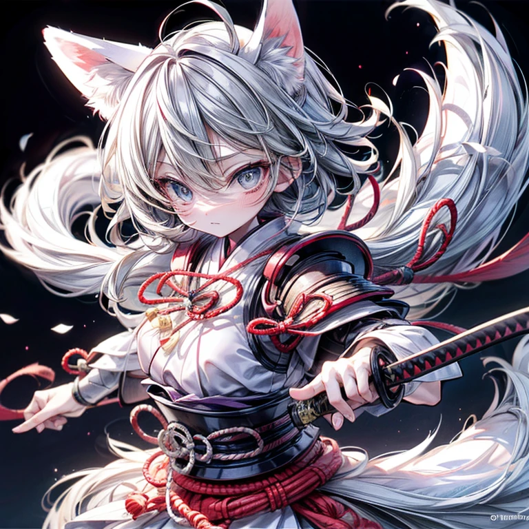 high qulity, tmasterpiece, ultra - detailed, White Fox Samurai, short detailed hair, mesmerizing eyes, Holding a katana, Japanese-style armor, fiery background