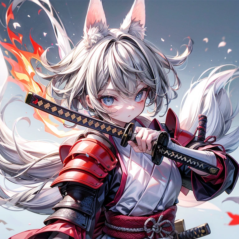 high qulity, tmasterpiece, ultra - detailed, White Fox Samurai, short detailed hair, mesmerizing eyes, Holding a katana, Japanese-style armor, fiery background
