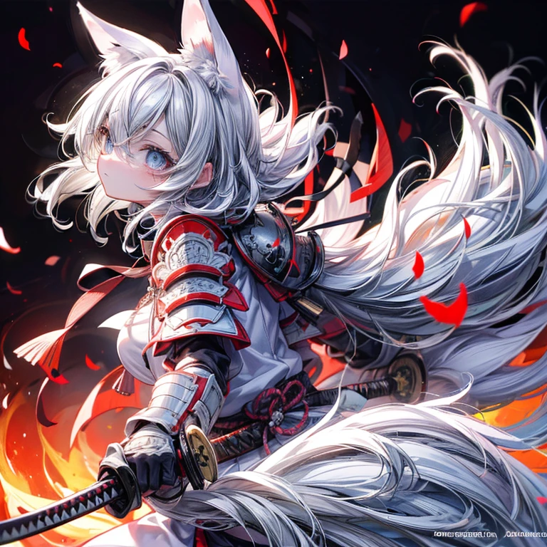 high qulity, tmasterpiece, ultra - detailed, White Fox Samurai, short detailed hair, mesmerizing eyes, Holding a katana, Japanese-style armor, fiery background