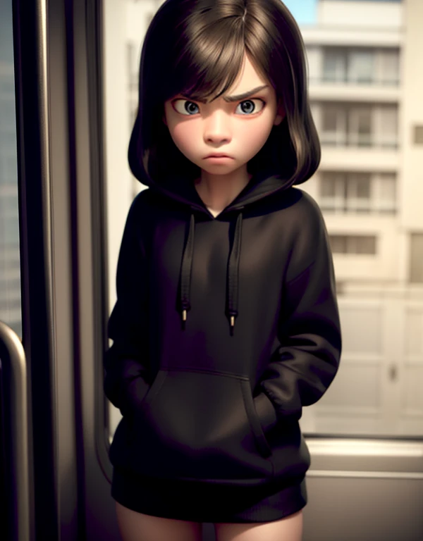 masterpiece, best quality, 1girl, (Riley wearing black hoodie, (serious look , sad in a bus)),   pixar, cartoon, 3d render, sfw, 