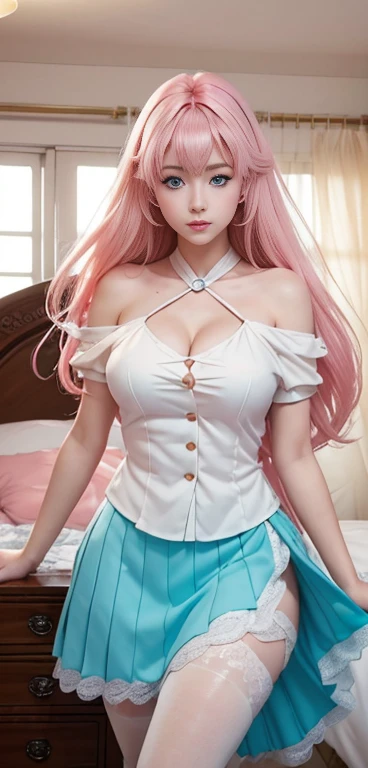 ((Top Quality、16K、​masterpiece:1.3))、a tall and beautiful woman、Perfect Figure:1.4、(dream aesthetic) Slim Abs, young natural girl (beautiful) solo, long voluminous pale-pink hair 、messy hairstyle (with hair bangs), turquoise-blue eyes, pale-white skin (highlighted, realistic shading)、Huge bust、Highly detailed facial and skin texture、(A detailed eye, Symmetry Eyes, Clear realistic eyes, Double eyelidd、Cold-stricken face、Symmetrical face), very  realistic skin, goth makeup, Royal sisters full of fans、The Telegraph Esbian、peach buttocks, white shirt, black skirt, black tights, cleavage,  squart、(Raw foto:1.2)、((Photorealcitic:1.4))Top Quality、​masterpiece、Real Photography、very delicate and beautiful.、super detailed CG、Unity、8K photo wallpaper、delicate detail、best qualtiy、Highly detailed CG unity 16k wallpaper、absurderes、Incredibly Absurd、huge file size、extremely highly detailed、Hight Resolution、ighly Details、Beautiful detail girl、extremely beautiful eyes and face, cute eyes look、Facial light、cinematic lightings、(Proportional hips, thick thighs, beautiful legs, realistic pantyhose) 1girll、see -through, inside house (bedroom) 、ulzzang-6500、The Telegraph Esbian, different poses at different angles,