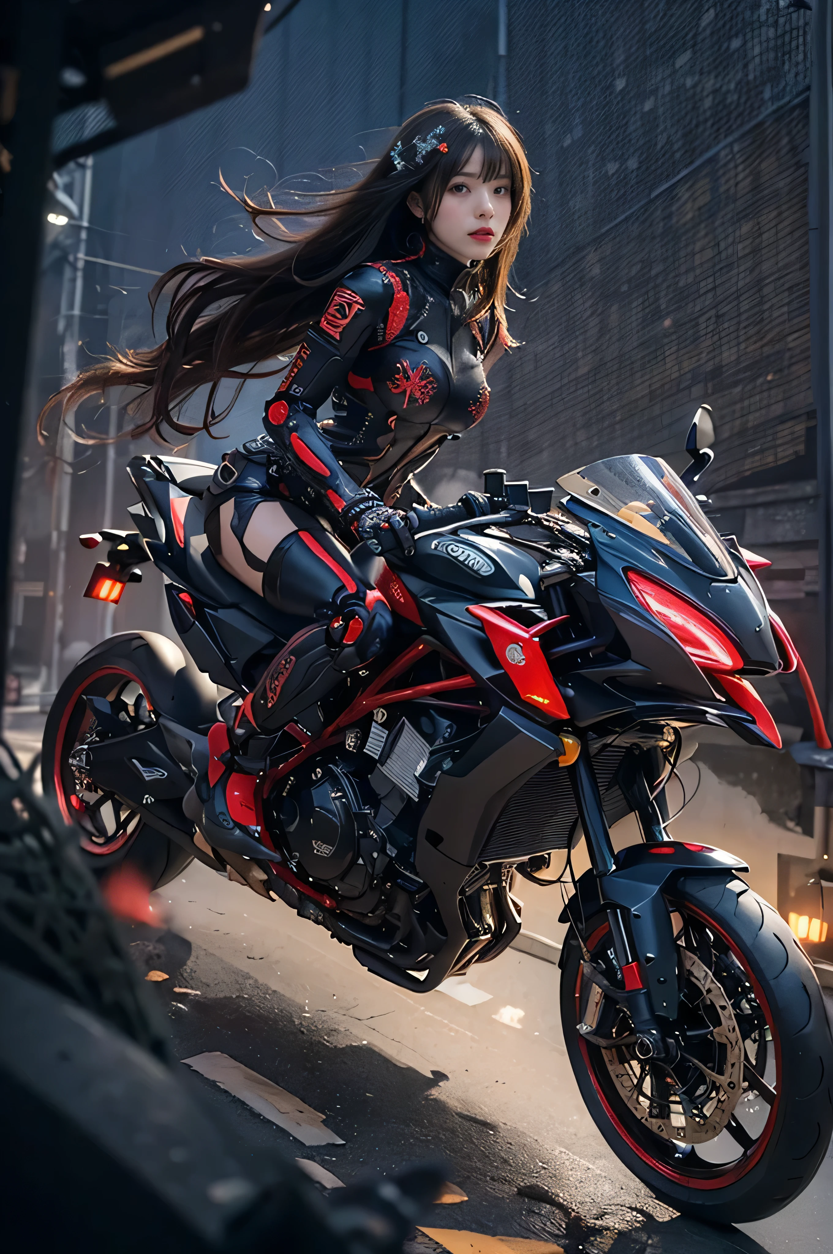 (RAW quality:1.4), masterpiece, highest quality, High resolution, dark_Fantasy, cyber punk, (Sword Weapons,red:1.1),1 person, Japanese women, , mechanical,Robotic presence,Cybernetic Guardian, darkness, Night city background, at night, cyber punk mecha humanoid black and red is riding a futuristic Ducati Panigale V4 race motorcycle on a mountain road at night, Realistic Style, Inspired by Blade Runner, Dark and dramatic lighting, Red and Black Theme, Central curve composition, Rear view. (An ultra-fine masterpiece:1.5), (beautifuly intricate:1.5), (highest quality:1.5), (beautiful + beautiful + Harmonious:1.5), (Highly detailed face, Ultra-detailed eyes, Highly detailed mouth, Super-detailed body, Very fine needles, Very elaborate clothing, Ultra-detailed landscapes:1.5), (Sharpen details:1.2), Blurred Background, Shallow subject depth,