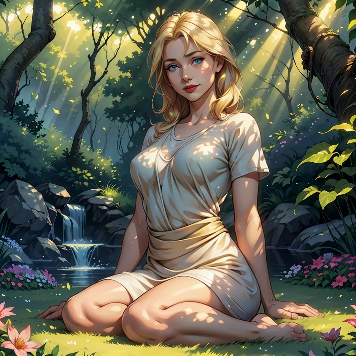 (best quality,realistic,1girl),40 years old,very detailed blue eyes,very detailed red lips,blonde hair,short,t-shirt,cozy ambience,soft lighting,tranquil ambiance,full body,pleasant garden,butterflies,floating flowers,peaceful atmosphere,lush greenery,serene moment,delicate features,subtle smile,sparrows chirping,relaxed pose,gentle breeze,harmonious colors,natural beauty,dewdrops on leaves,calm expression,serenity and tranquility,sun-kissed glow,whisper of leaves,rays of sunlight filtering through trees,sun-dappled shade,harmony with nature,contemplative mood,sublime tranquility
